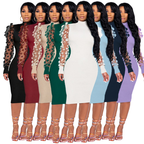 GL6620 Three Dimensional Petal Mesh Sleeve Pit Strip Dress
