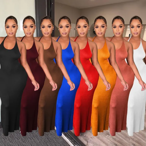C6136 Fashion Women's Solid Color Strap Dress