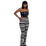 GL6585 color striped knitted hollow jacquard bell bottom pants