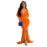 C6115 solid color V-neck long sleeved pleated dress for women