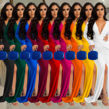 C6115 solid color V-neck long sleeved pleated dress for women