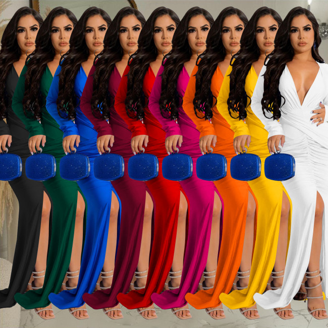 C6115 solid color V-neck long sleeved pleated dress for women
