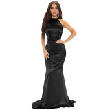 C5727 discounted solid color women's round neck backless dress