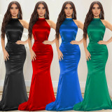 C5727 discounted solid color women's round neck backless dress