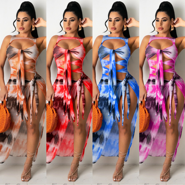 X5105 mesh see through hollow out strap irregular slit dress