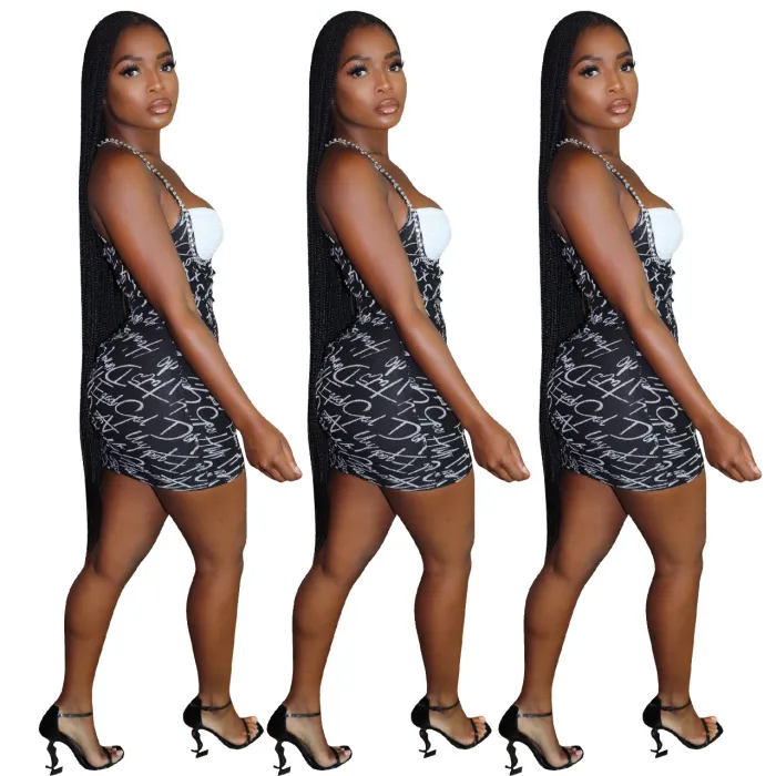 FE163   Fashionable printed nail bead suspender dress