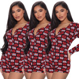 FE084 printed button jumpsuit women's clothing
