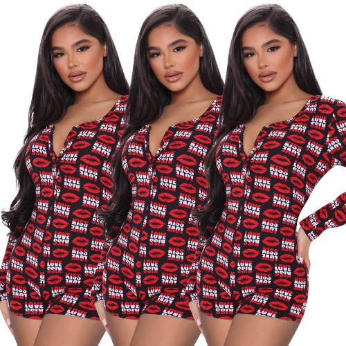 FE084 printed button jumpsuit women's clothing