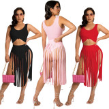 FE234 new fashionable solid color top with tassel skirt two-piece set