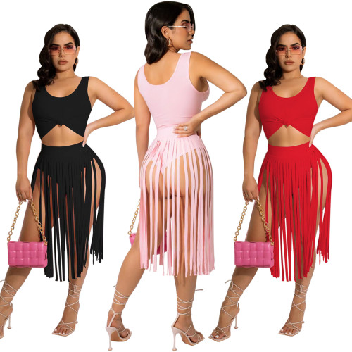 FE234 new fashionable solid color top with tassel skirt two-piece set