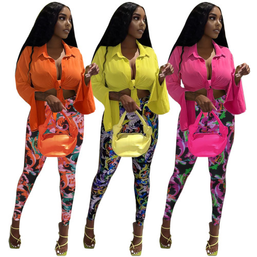 FE207 long sleeved shirt and printed pants two-piece set