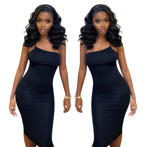FE131 Solid Color Single Shoulder Strap Dress