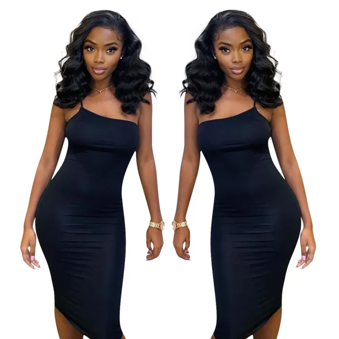FE131 Solid Color Single Shoulder Strap Dress