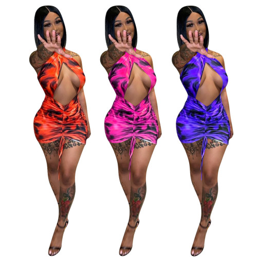 FE166   Fashion printed cross neck dress
