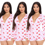 FE084 printed button jumpsuit women's clothing