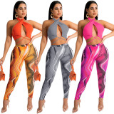 FE211 Neck Hanging Solid Color Top+Printed Pants Two Piece Set