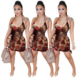 FE129 sexy snake skin pattern strap backless dress