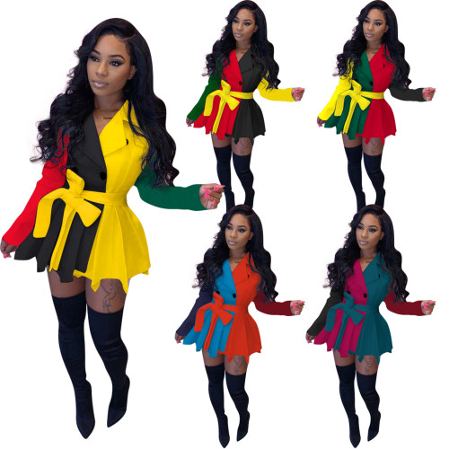 FE042 casual color blocked long sleeved dress