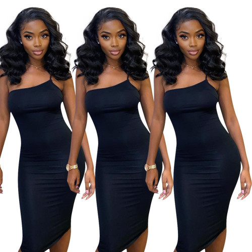 FE131 Solid Color Single Shoulder Strap Dress