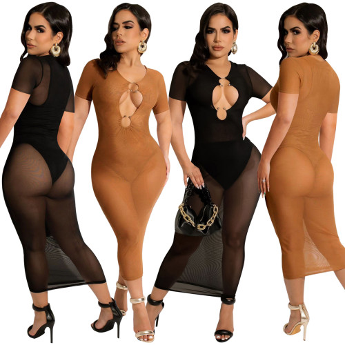 FE235 slim fit solid color mesh dress