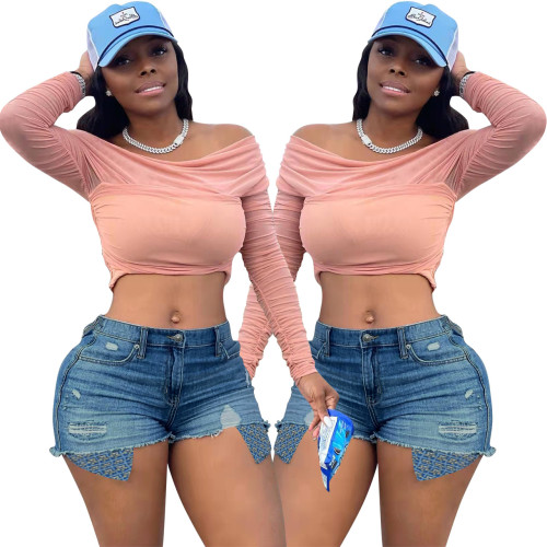 FE222 Versatile Pocket Printed Denim Shorts