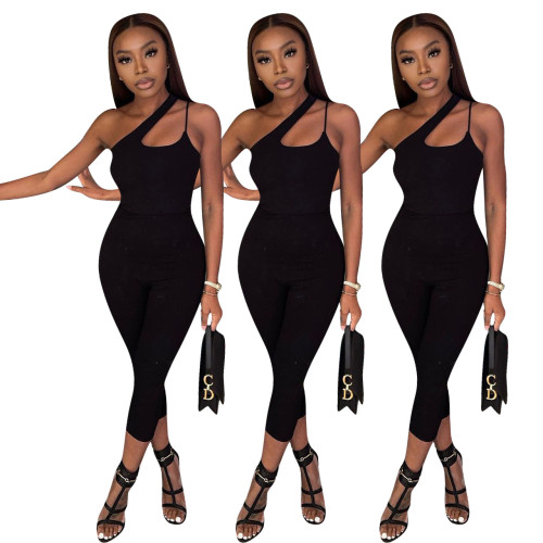 FE124 diagonal shoulder camisole jumpsuit
