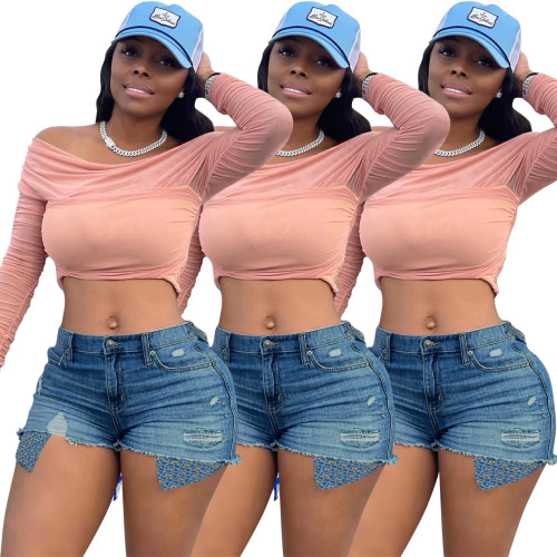 FE222 Versatile Pocket Printed Denim Shorts