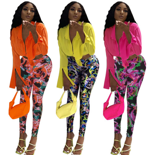 FE207 long sleeved shirt and printed pants two-piece set