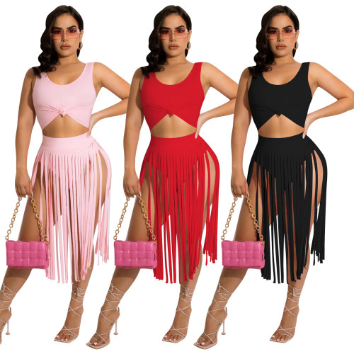 FE234 new fashionable solid color top with tassel skirt two-piece set