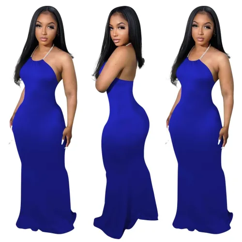 FE247 solid color sexy backless hanging neck jumpsuit long dress