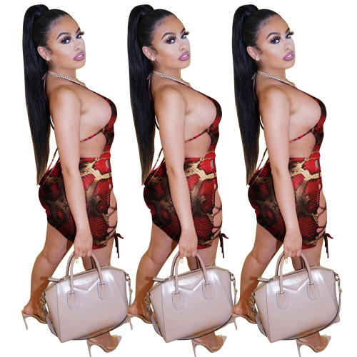 FE129 sexy snake skin pattern strap backless dress