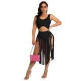 FE234 new fashionable solid color top with tassel skirt two-piece set
