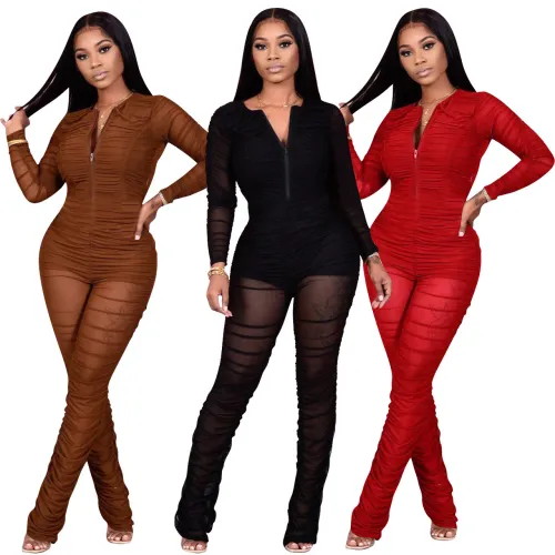 FE186 splicing mesh long sleeved jumpsuit