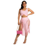 FE234 new fashionable solid color top with tassel skirt two-piece set