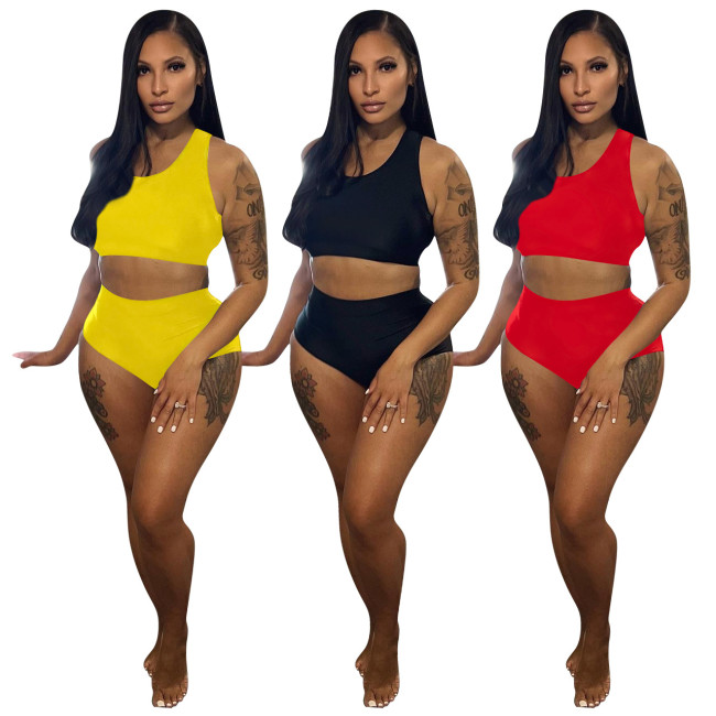 FE223 sexy summer outfit solid color top+shorts two-piece set