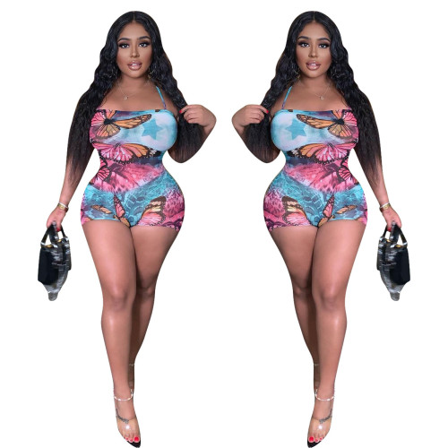 FE108   Tight suspender printed jumpsuit