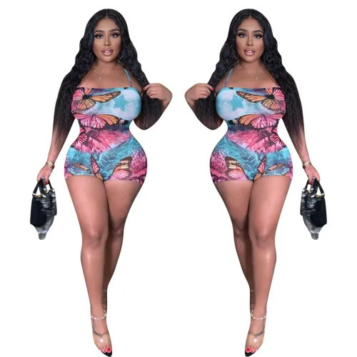 FE108   Tight suspender printed jumpsuit