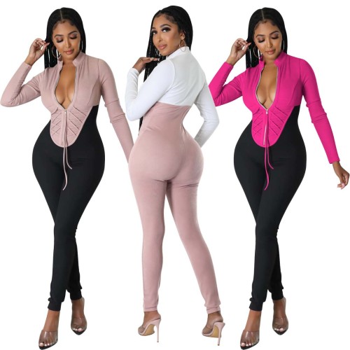 FE252 splicing slim fit jumpsuit