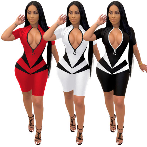 FE133 sexy color blocked zipper jumpsuit