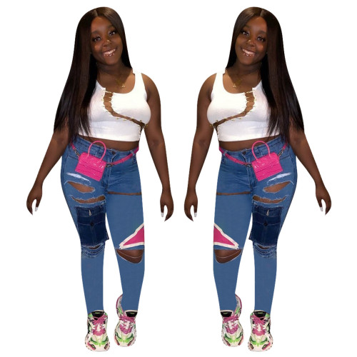 FE012 Fashion Piercing Washed Jeans