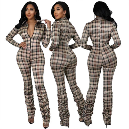 FE200 slim fit pleated printed checkered jumpsuit