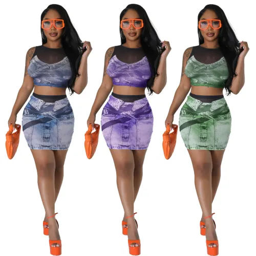 FE272 Fashion Sexy Mesh Printed Two Piece Set
