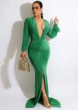 SMR10691 sexy and fashionable solid color long sleeved slit women's dress