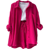 Women's two-piece lapel long sleeved shirt shorts
