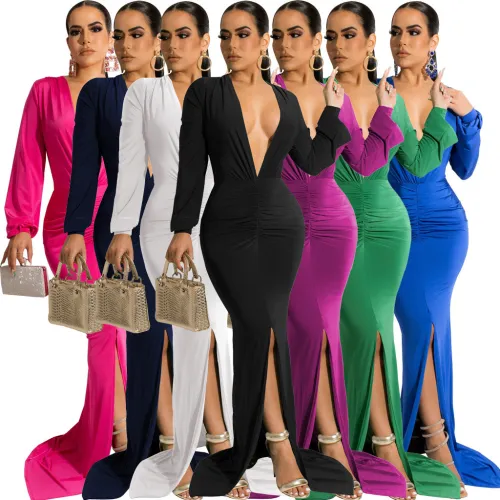 SMR10691 sexy and fashionable solid color long sleeved slit women's dress