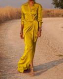 High waisted split floor dress, long sleeved lapel sexy dress