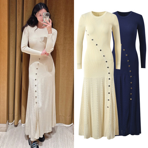 Apricot navy blue slim fit split knit dress