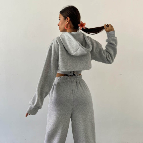 Z1222 Waist waist hooded short hoodie, leg binding pants, three piece set