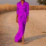 High waisted split floor dress, long sleeved lapel sexy dress