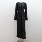 S1233 New fashionable long skirt with round neck and flared sleeves, pleated dress